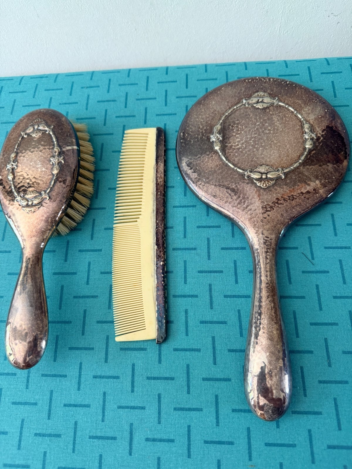 Vintage verzilverde spiegel, borstel en kam set, Ophalen of Verzenden