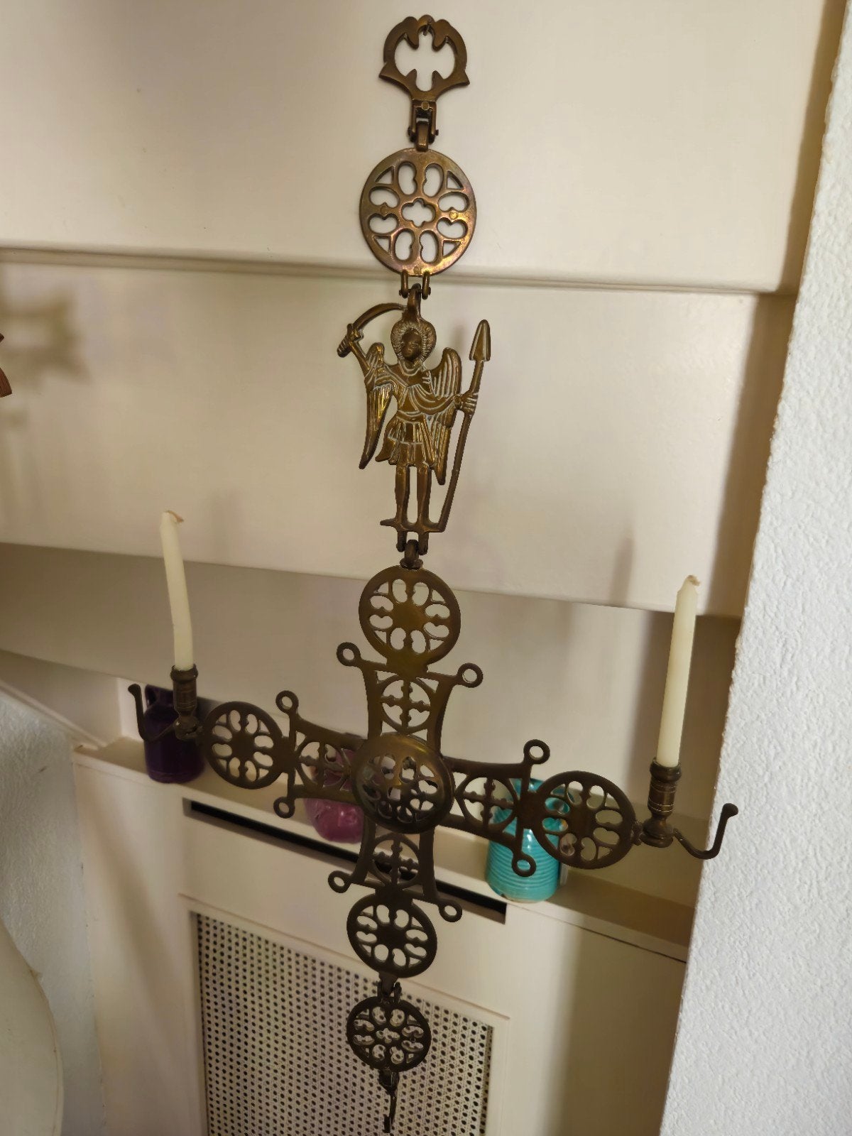 Antiek Bronzen byzantijns Kruis met Engel en Kandelaars, Antiek en Kunst, Antiek | Koper en Brons, Ophalen of Verzenden