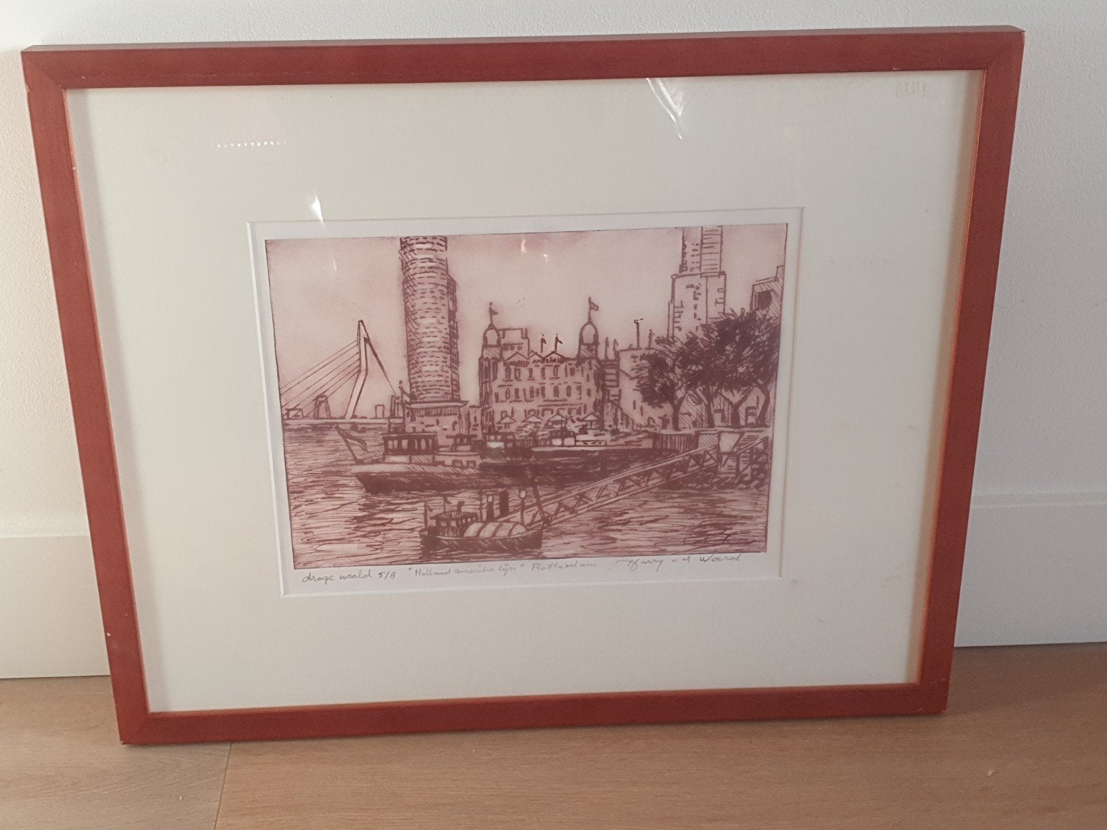 HARRY van der Woerd  "Holland Amerika lijn" Rotterdam 5 / 8!, Antiek en Kunst, Ophalen, Stadsgezicht, Ets, Gesigneerd