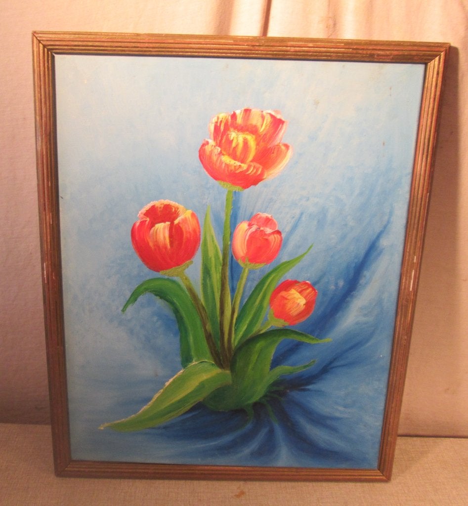 Mooi geschilderd Werk 'Rode Tulpen' - 54x44, Antiek en Kunst, Bloemen, Doek, Origineel werk, Ophalen of Verzenden
