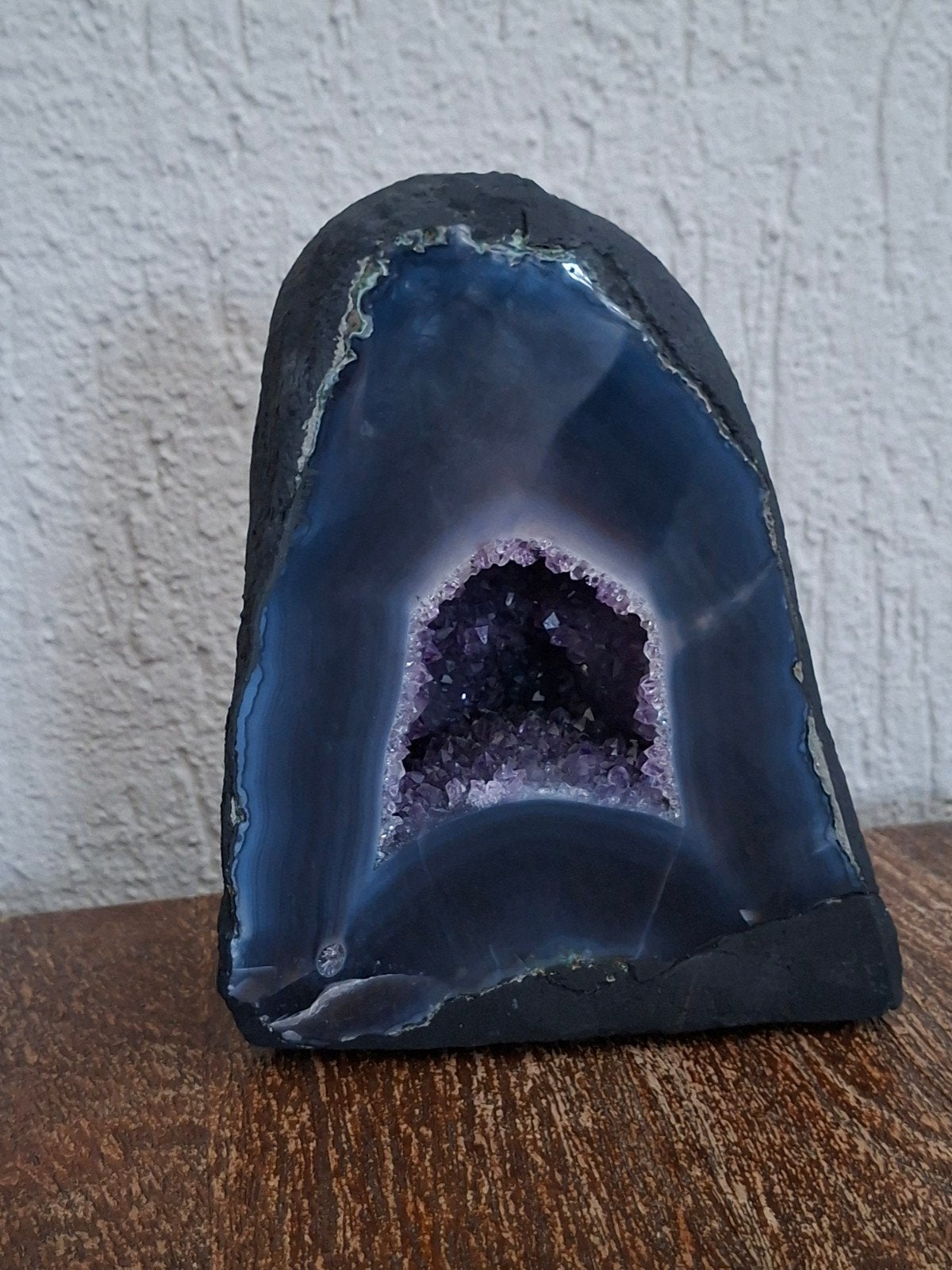mini kathedraal met donkerblauwe agaatrand en amethist, Ophalen