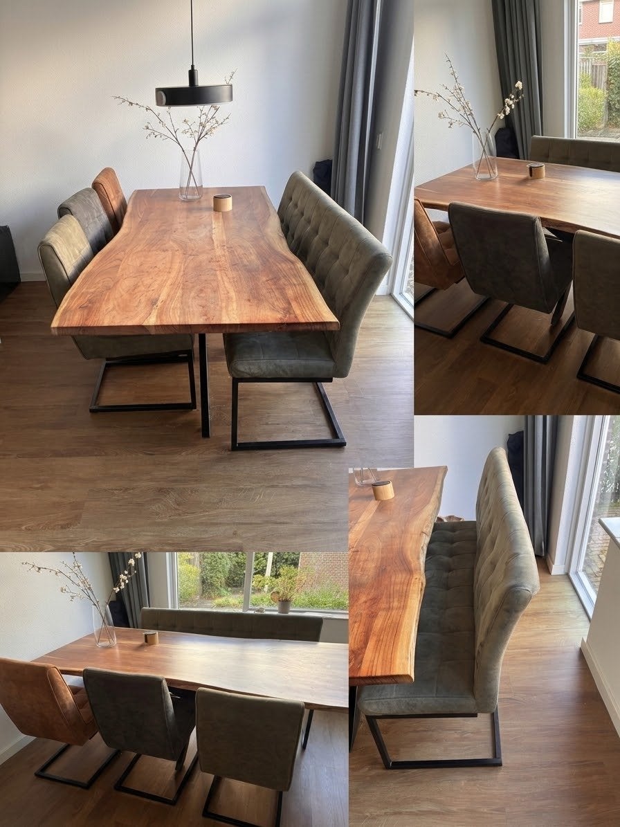 Massief houten eettafel met bank en stoelen, Huis en Inrichting, Ophalen, Gebruikt, 200 cm of meer, 50 tot 100 cm