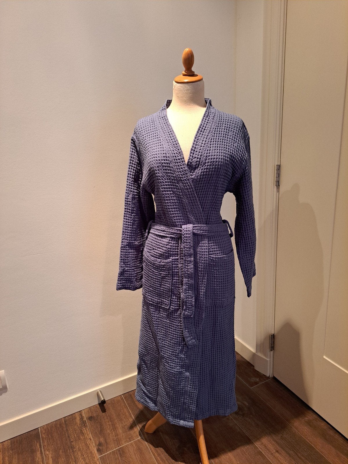 Heren/Dames "Sauna"badjas van wafelstof, kleur blauw, maat L, Verzenden, Blauw