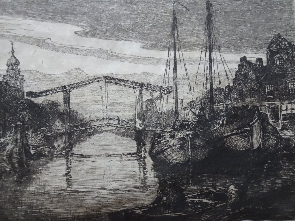 Ets stadsgezicht N-Holland ophaalbrug kotters, P. Matthes, Antiek en Kunst, Ets, Ophalen of Verzenden, Origineel, Landschap