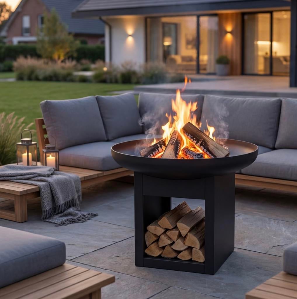 26057 Vuurschaal met houtopslag🔥ACTIE, Tuin en Terras, Ophalen, Info@woonwarmer.nl, Nieuw, 4264RM