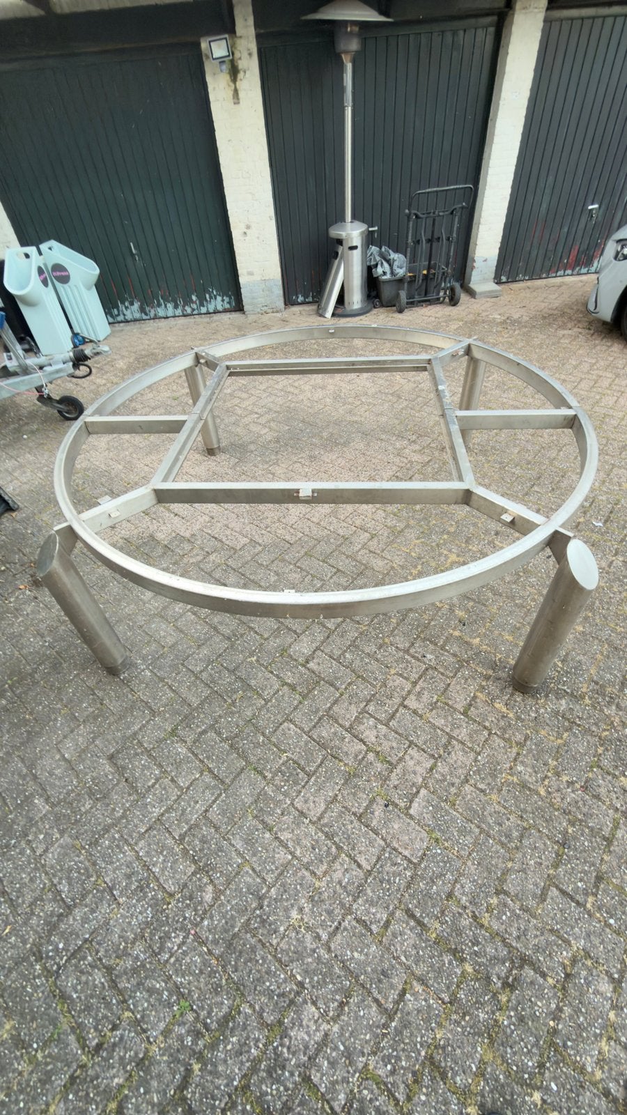 Zware Ronde tafelonderstel van RVS 220 cm, Gebruikt, Rond, Ophalen of Verzenden, Vijf personen of meer