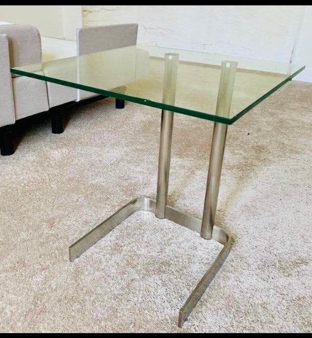 Postmoderne RVS design bijzettafel veiligheidsglas, 45 tot 60 cm, Rechthoekig, 55 tot 75 cm, Ophalen of Verzenden