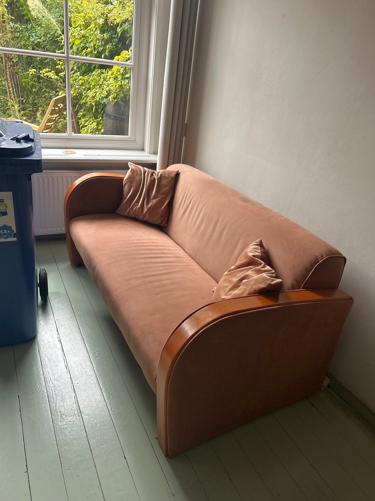 Geen Ikea ;-) 2 x 2-zits bank in perzikkleurige stof en hout, Gebruikt, 150 tot 200 cm, Tweepersoons, 75 tot 100 cm