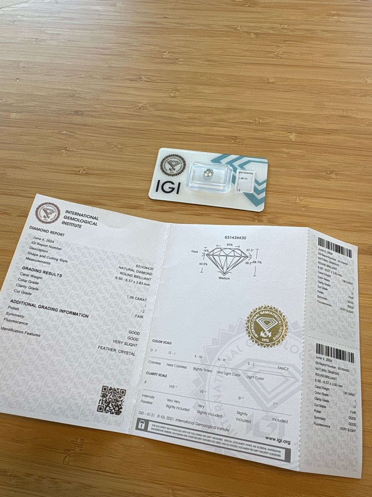 IGI Gecertificeerde Natuurlijke Diamant 1,06 ct Rond Briljan, Sieraden, Tassen en Uiterlijk, Edelstenen, Nieuw, Ophalen of Verzenden