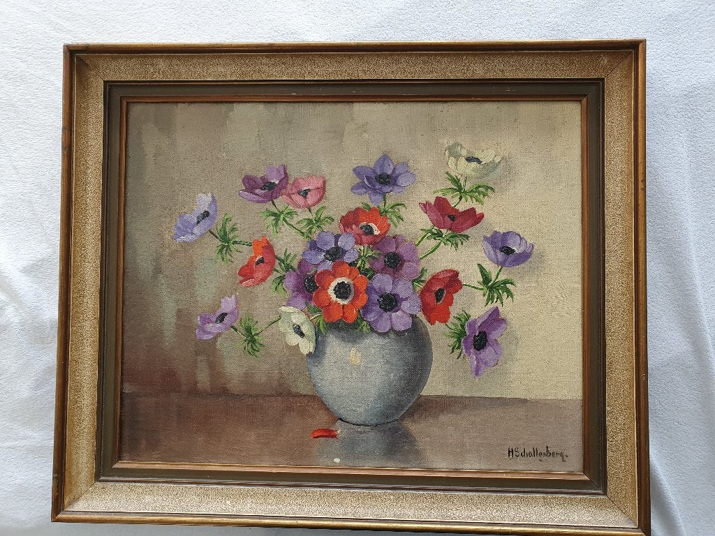 Schilderij anemonen in vaas, Bloemen, Doek, Realistisch, Ophalen of Verzenden