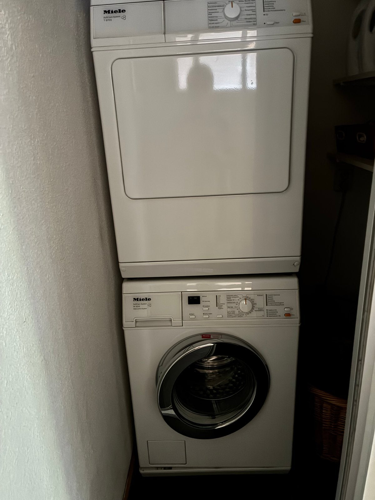 Miele W3215 Wasmachine & T8703 Droger Set, Ophalen, Gebruikt, Voorlader, Wolwasprogramma