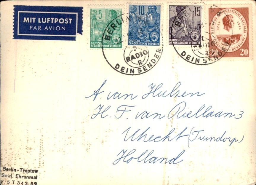 DDR - Stempel Berlijn - 1959 - Frankering, Postzegels en Munten, Brieven en Enveloppen | Buitenland, Verzenden, Briefkaart