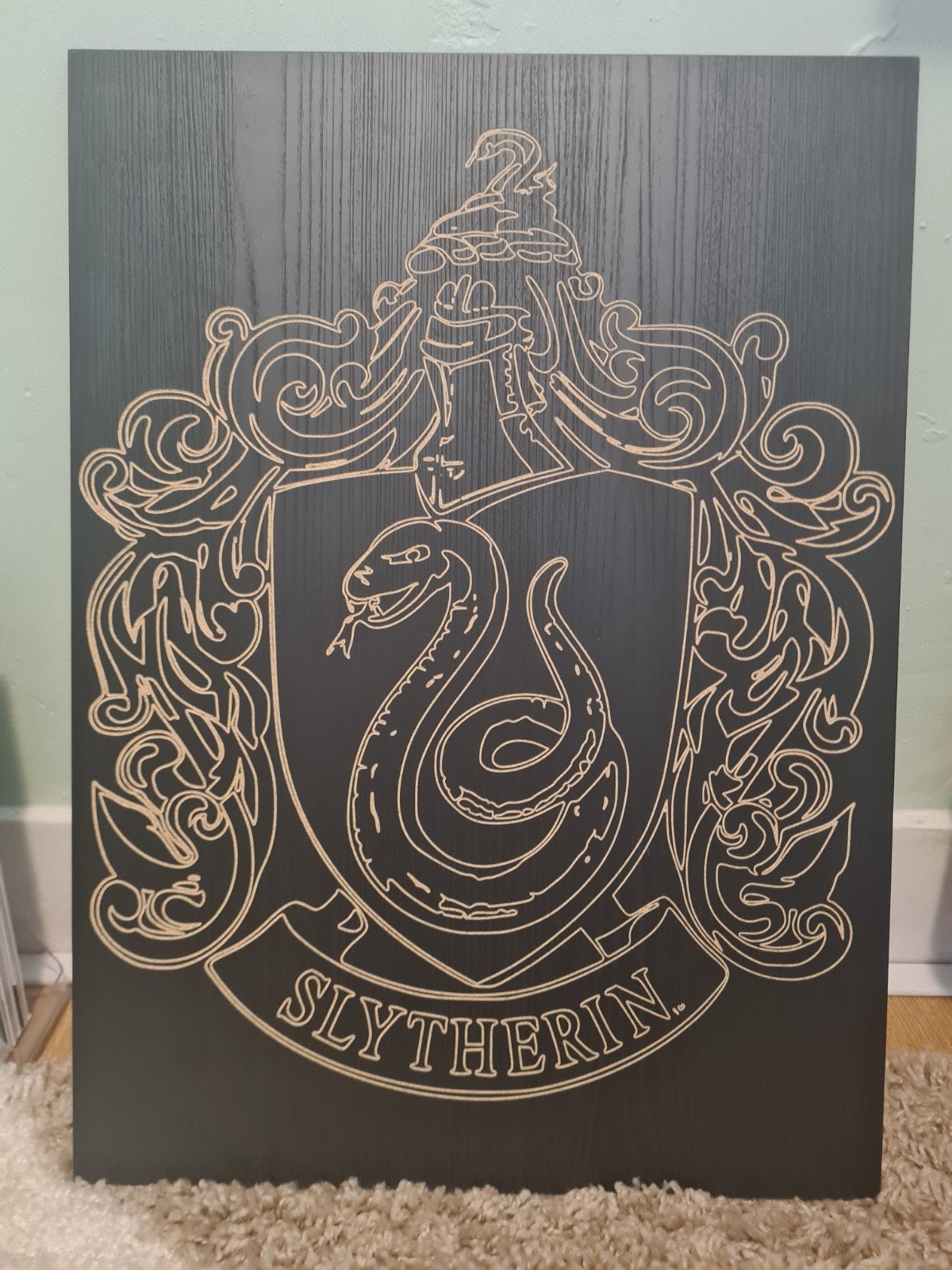 Uniek Slytherin Houten Bord - Harry Potter Decoratie, Hout, Zwart, Overige stijlen, Ophalen of Verzenden