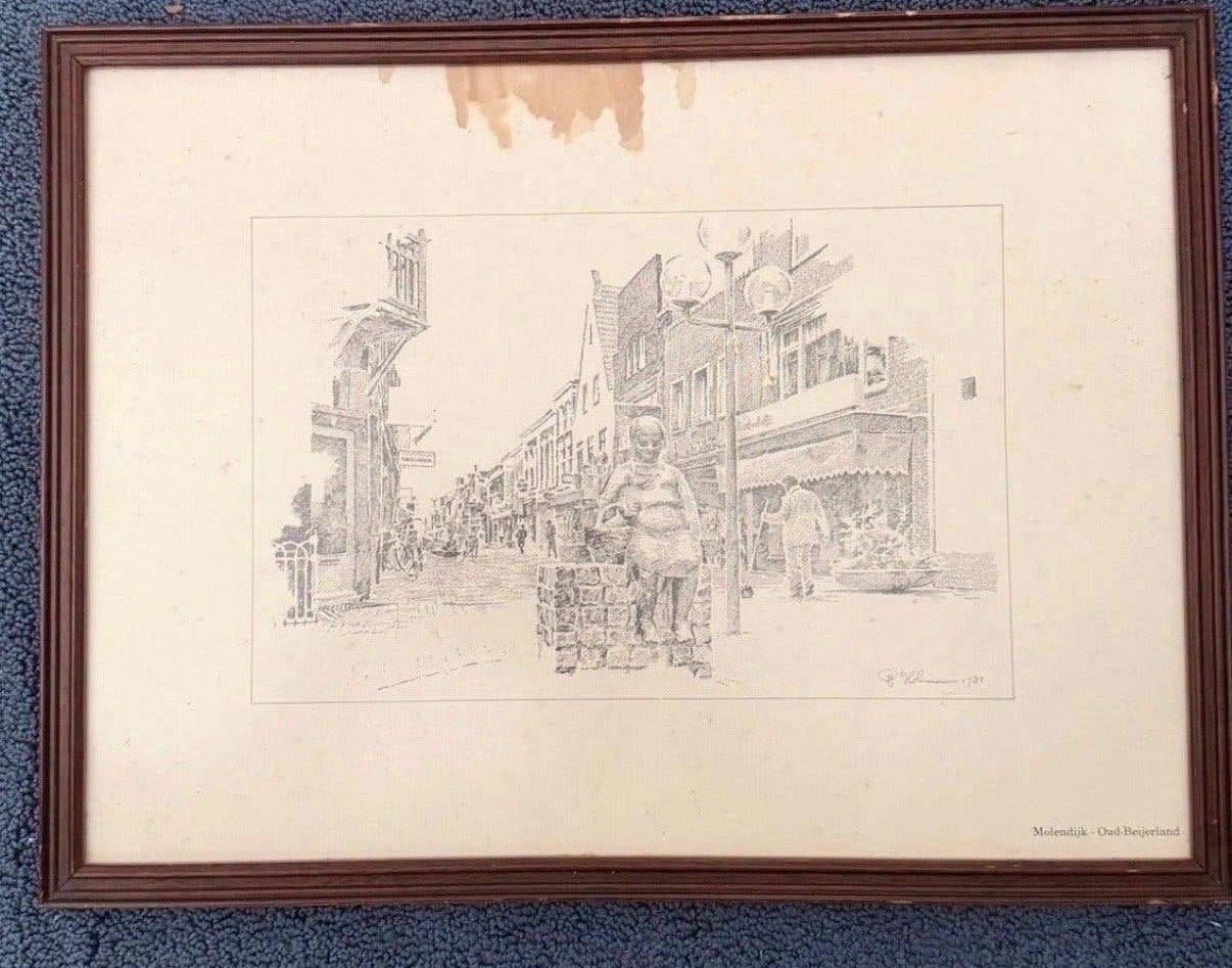 Ingelijste pentekening Molendijk - Oud-Beijerland, gesigneer, Ophalen of Verzenden, Tekening, Pentekening, Achter glas