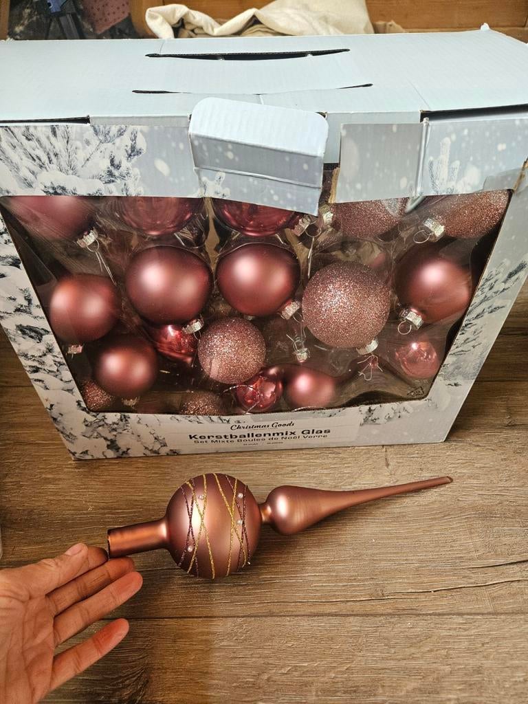 Doos met kerstballen glas roze rose, Diversen, Kerst, Ophalen