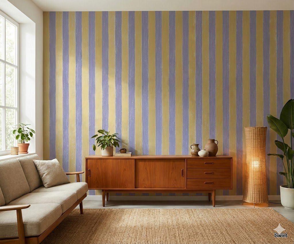 7731 zacht blauw goud vintage strepen behang jaren 70 swiet, Verzenden, Blauw