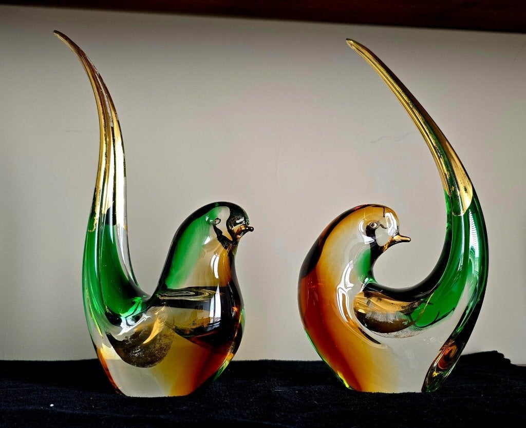 Set van 2 grote Rubelli Murano sommerso vogels groen/amber, Ophalen of Verzenden