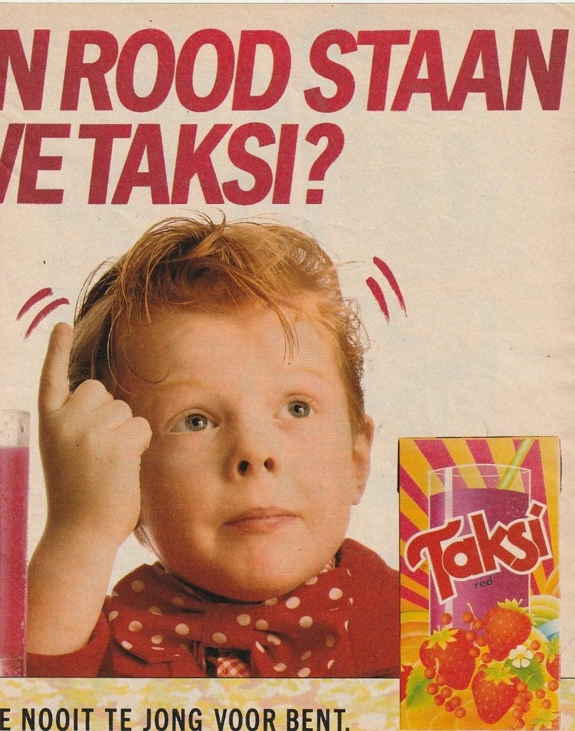 Retro reclame 1989 Taksi red jongetje & meisje, Verzenden, Overige typen