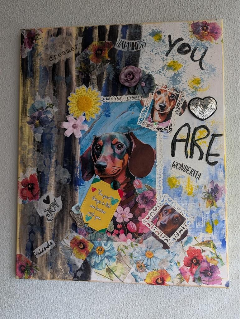 Mixed Media op canvas, dwaze teckel, Ophalen of Verzenden