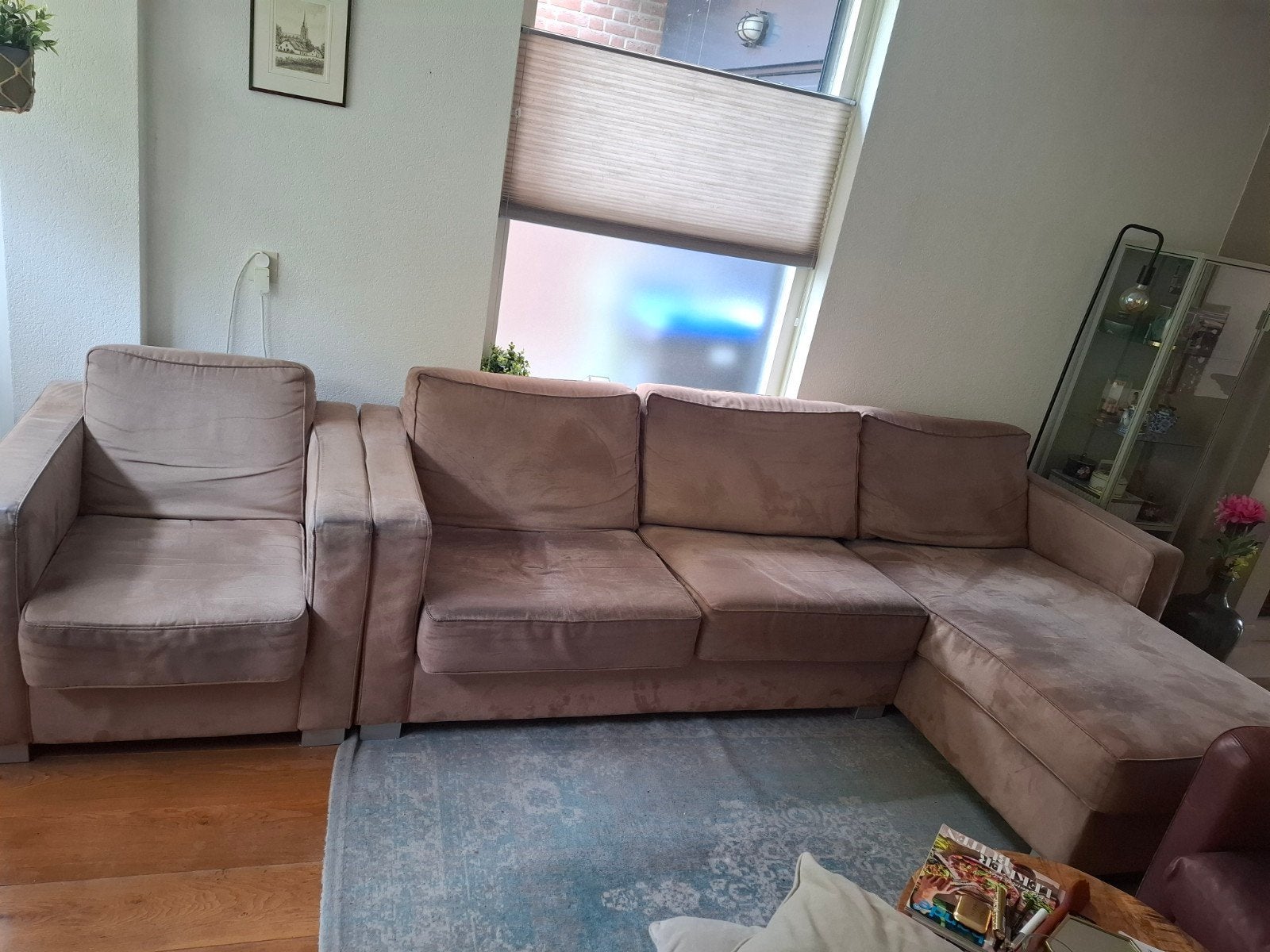 Gratis op te halen bank en fauteuil zandkleur, Huis en Inrichting, Banken | Complete zithoeken, Gebruikt, Stof, Ophalen