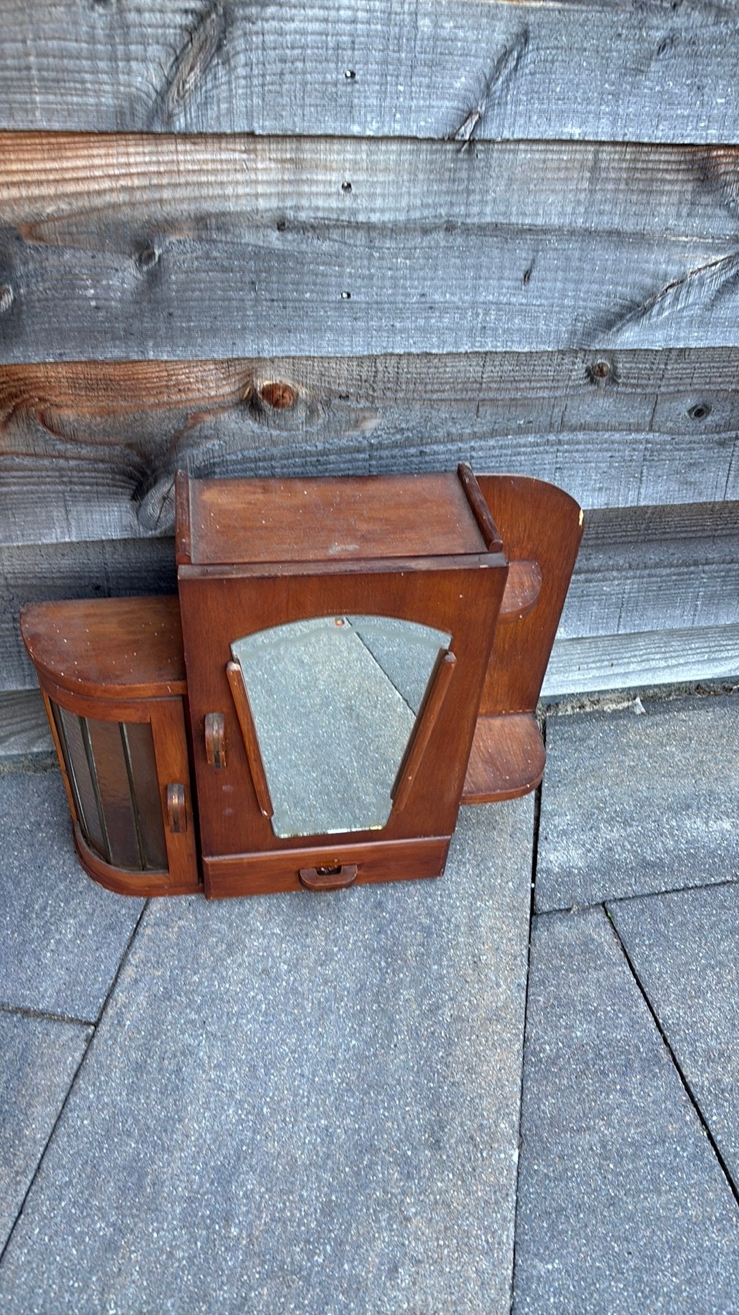 Oud wandkastje met glasvin lood en spiegel 43x52x15, Ophalen of Verzenden