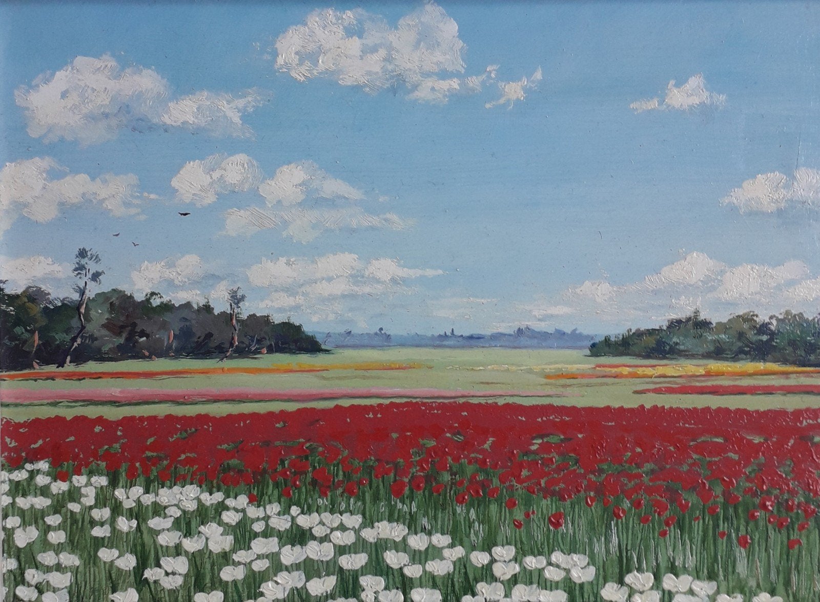 KLEURRIJKE BOLLENVELDEN🌷HOLLANDS LANDSCHAP🌹PIETER VOLMER, Paneel, Nederlandse school, Origineel werk, Ophalen of Verzenden