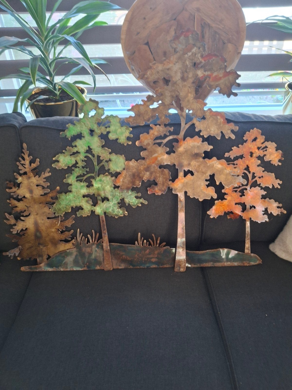 Metalen wanddecoratie met bomen - Herfstkleuren, Huis en Inrichting, Woonaccessoires | Overige, Ophalen, Gebruikt, Meerkleurig