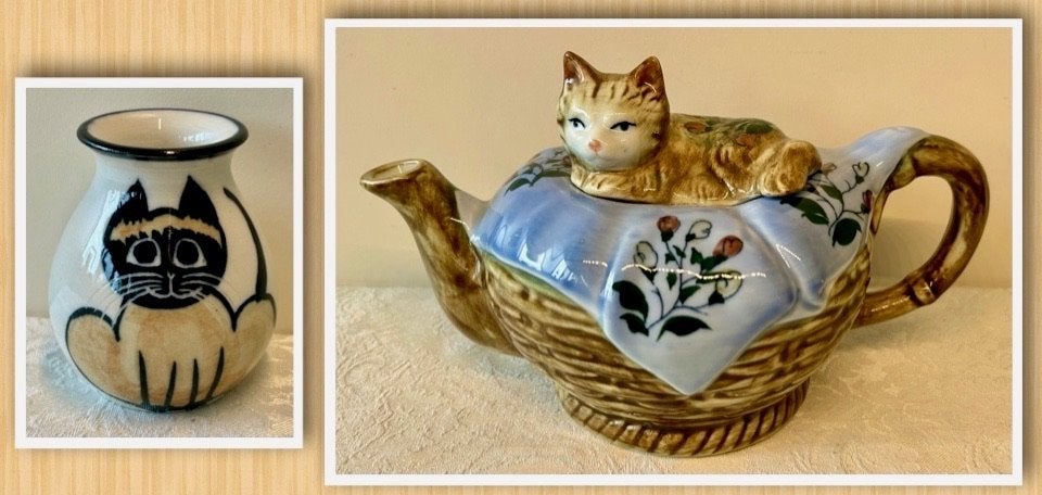 Vintage Katten Theepot en Vaasje ., Ophalen of Verzenden