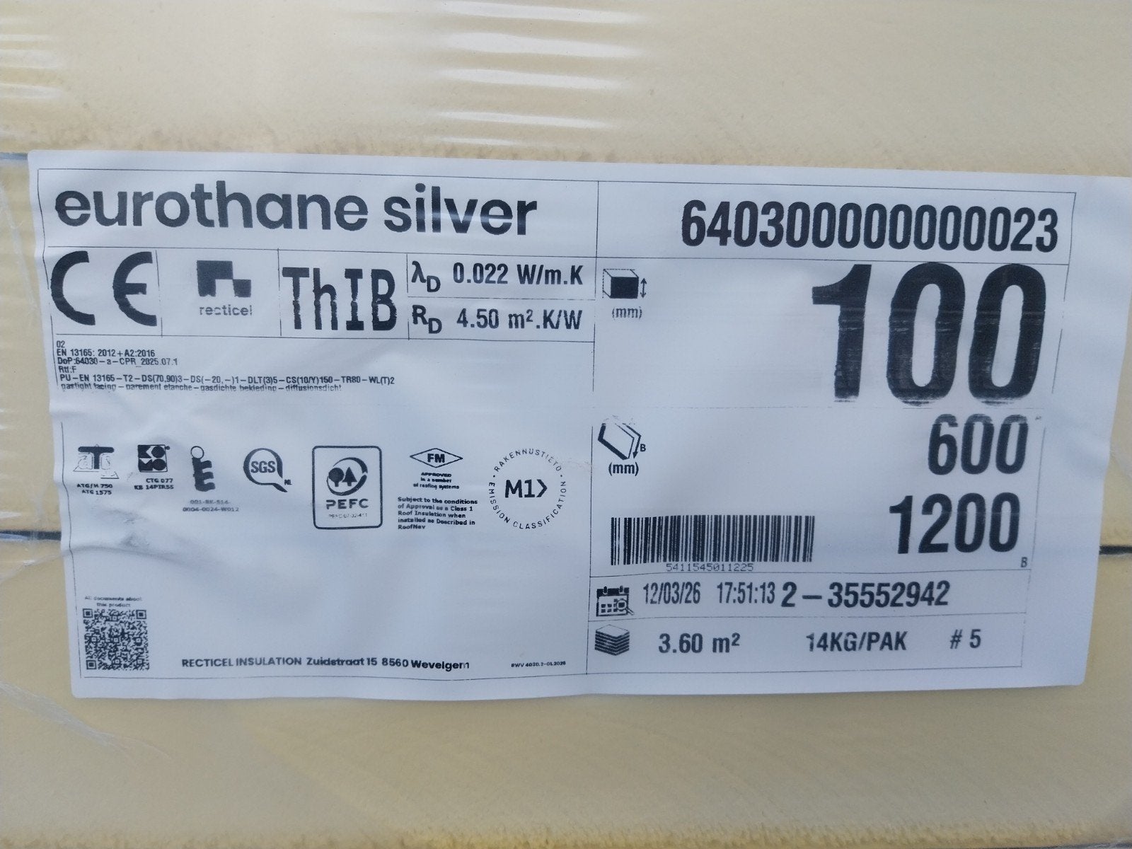 Recticel Eurothane Silver isolatieplaten 100mm, Doe-het-zelf en Verbouw, Vloerisolatie, Nieuw, Ophalen of Verzenden, Hardschuim (Pir)