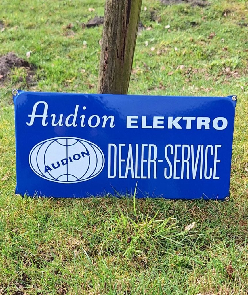 Vintage emaille reclamebord Audion Elektro Dealer Service., Reclamebord, Gebruikt, ., Ophalen of Verzenden