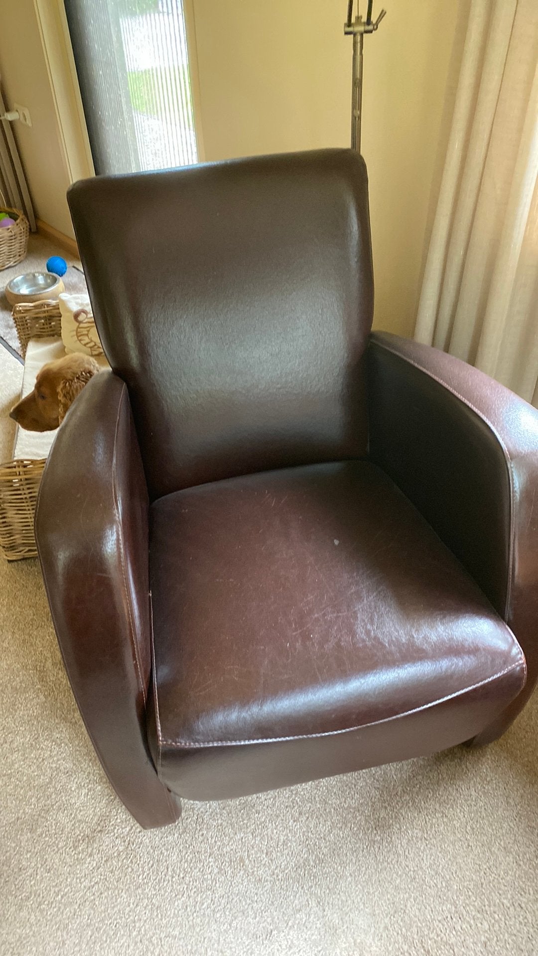 Te koop wegens verhuizing 2 bruine leren stoelen, Ophalen, Gebruikt, Leer, 50 tot 75 cm