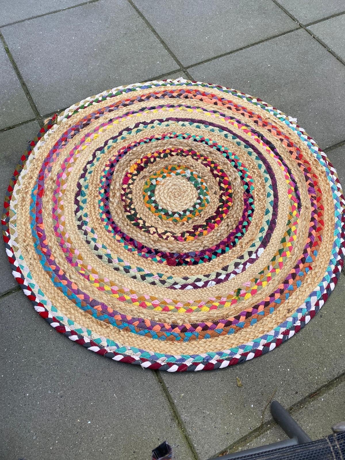 Rond Vloerkleed Jute met Gekleurde Stoffen Randen, Bohemian, Natuurlijk, Speels, Geel, 50 tot 100 cm, Rond