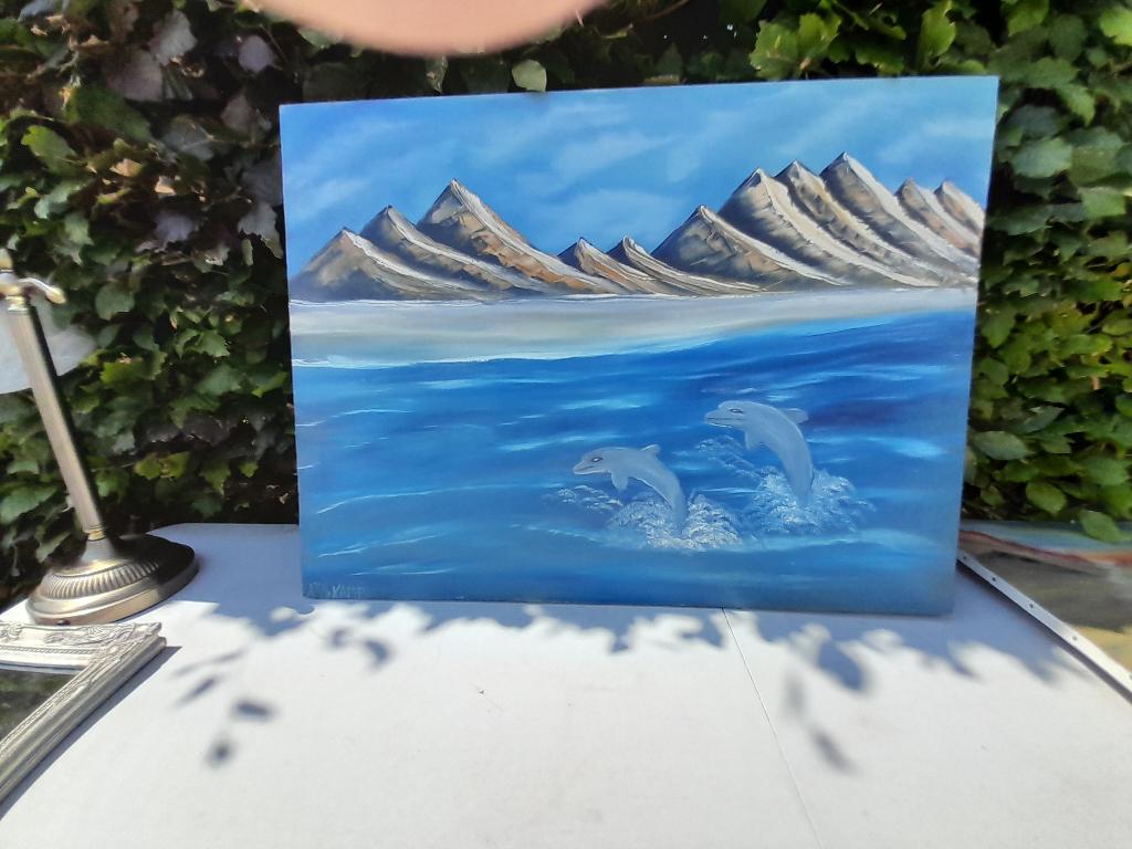schitterende dolfijnen schilder handgeschilderd op canvas, Ophalen of Verzenden