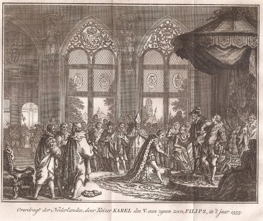 Troonsafstand van Karel V, 1555. Overdragt der Nederlanden, 17 cm, Ophalen of Verzenden, 20 cm, 1700 - 1799