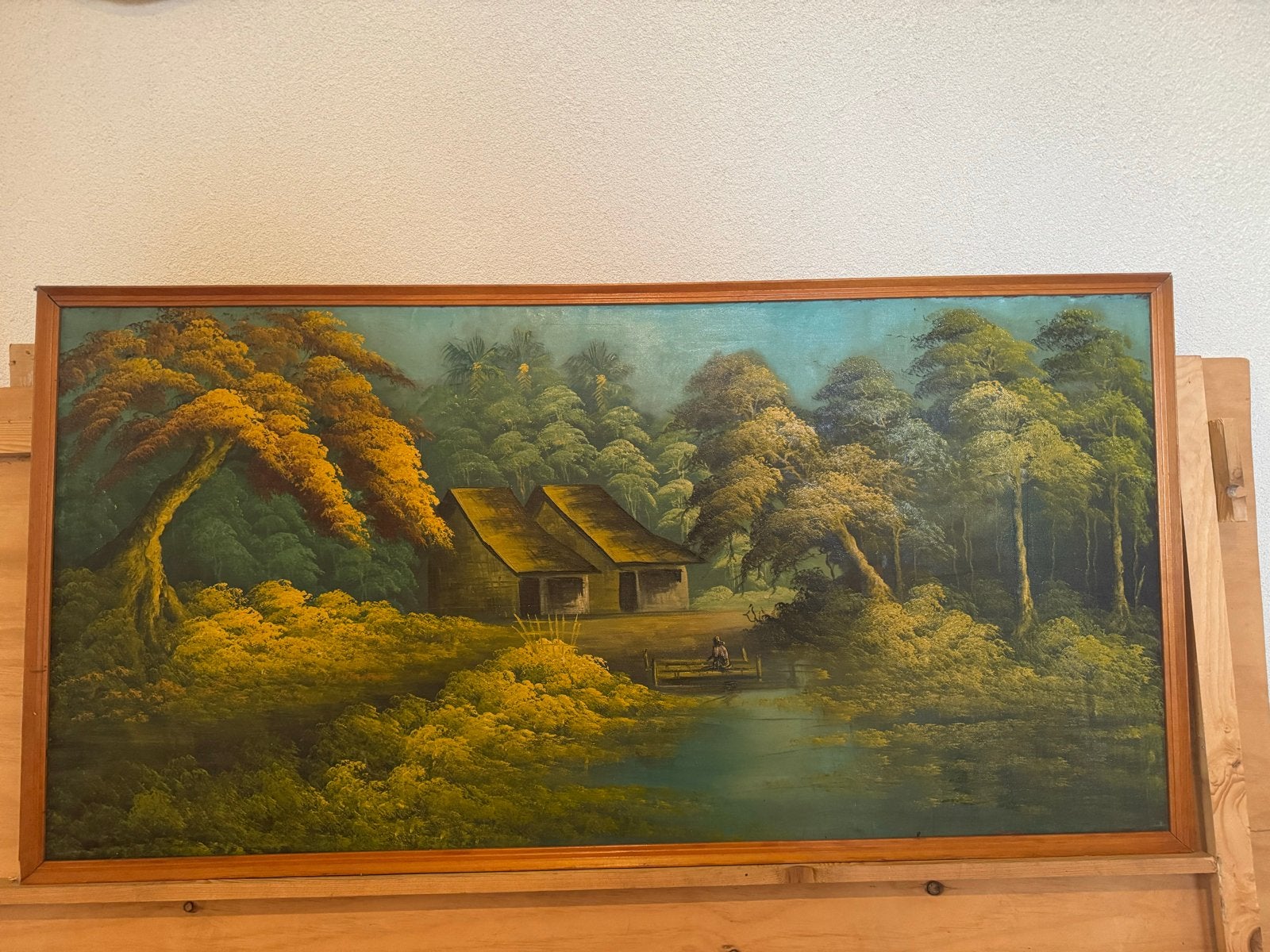 Schilderij Javaans Landschap - 71x142 cm, Antiek en Kunst, Doek, Realistisch, Ophalen of Verzenden, Olieverf