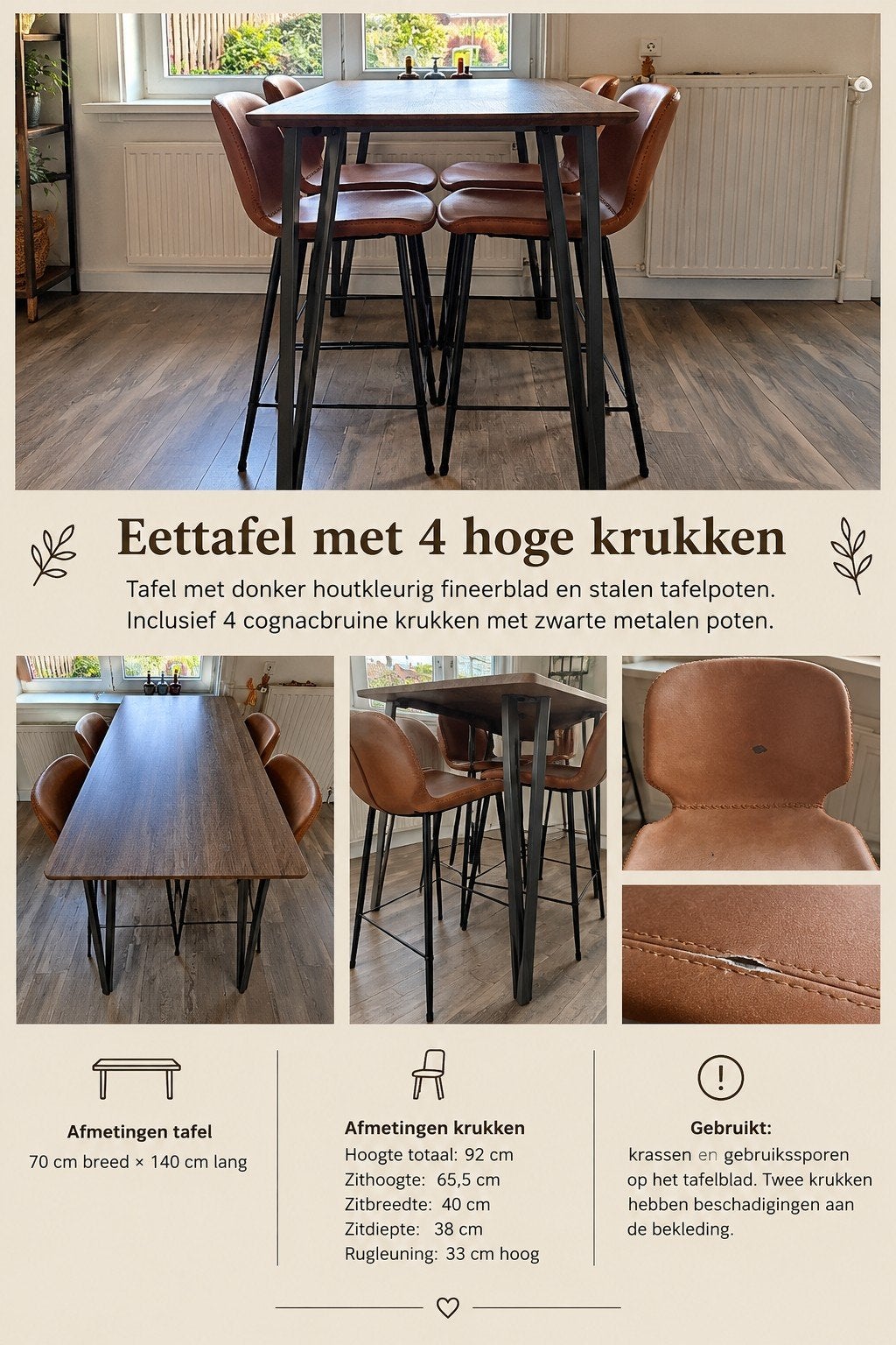 eettafel met 4 hoge krukken, Huis en Inrichting, Ophalen, Gebruikt, 100 tot 150 cm, 50 tot 100 cm