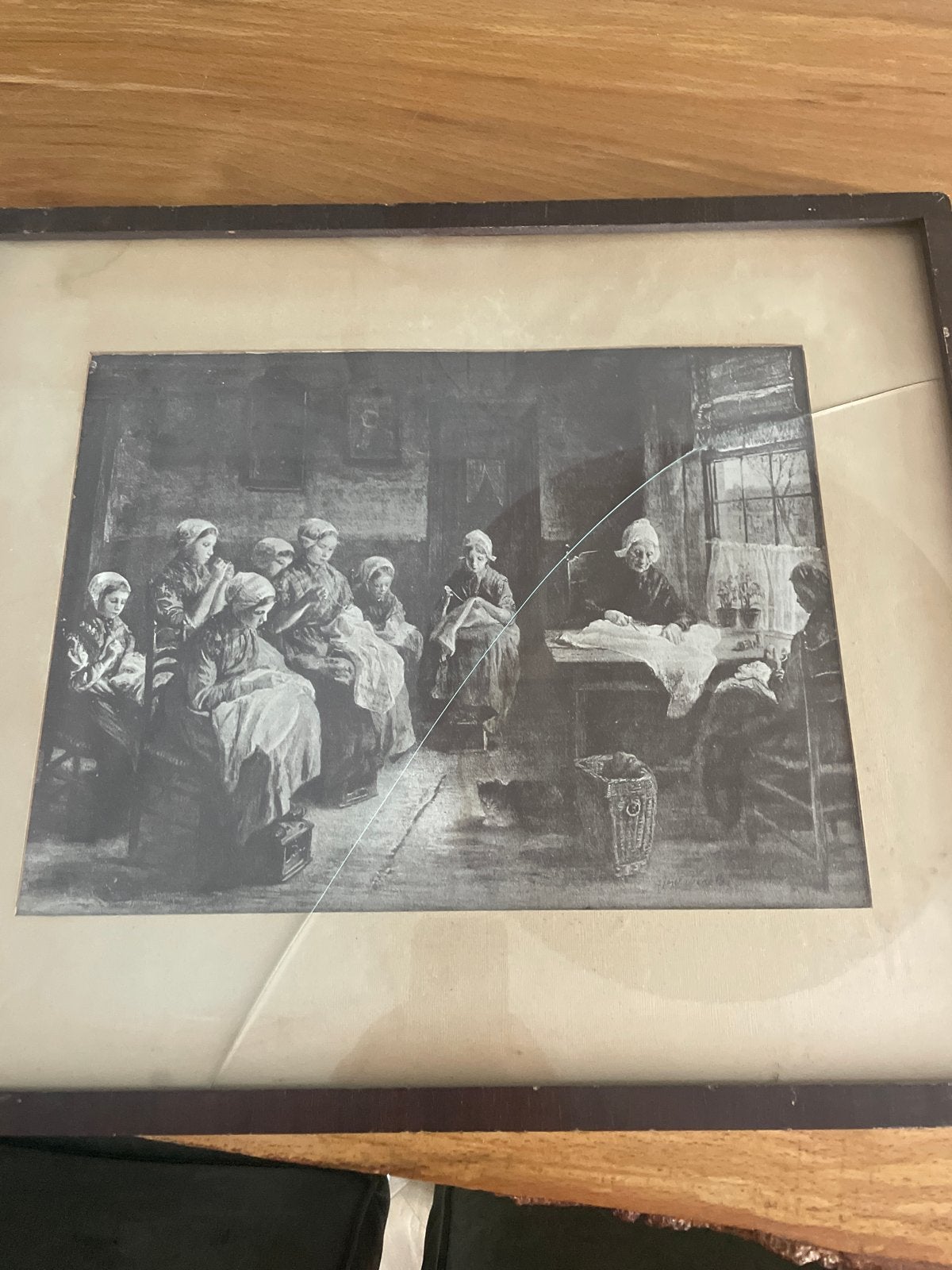Antieke prent van huiselijk tafereel, gesigneerd, Ophalen of Verzenden, Gesigneerd