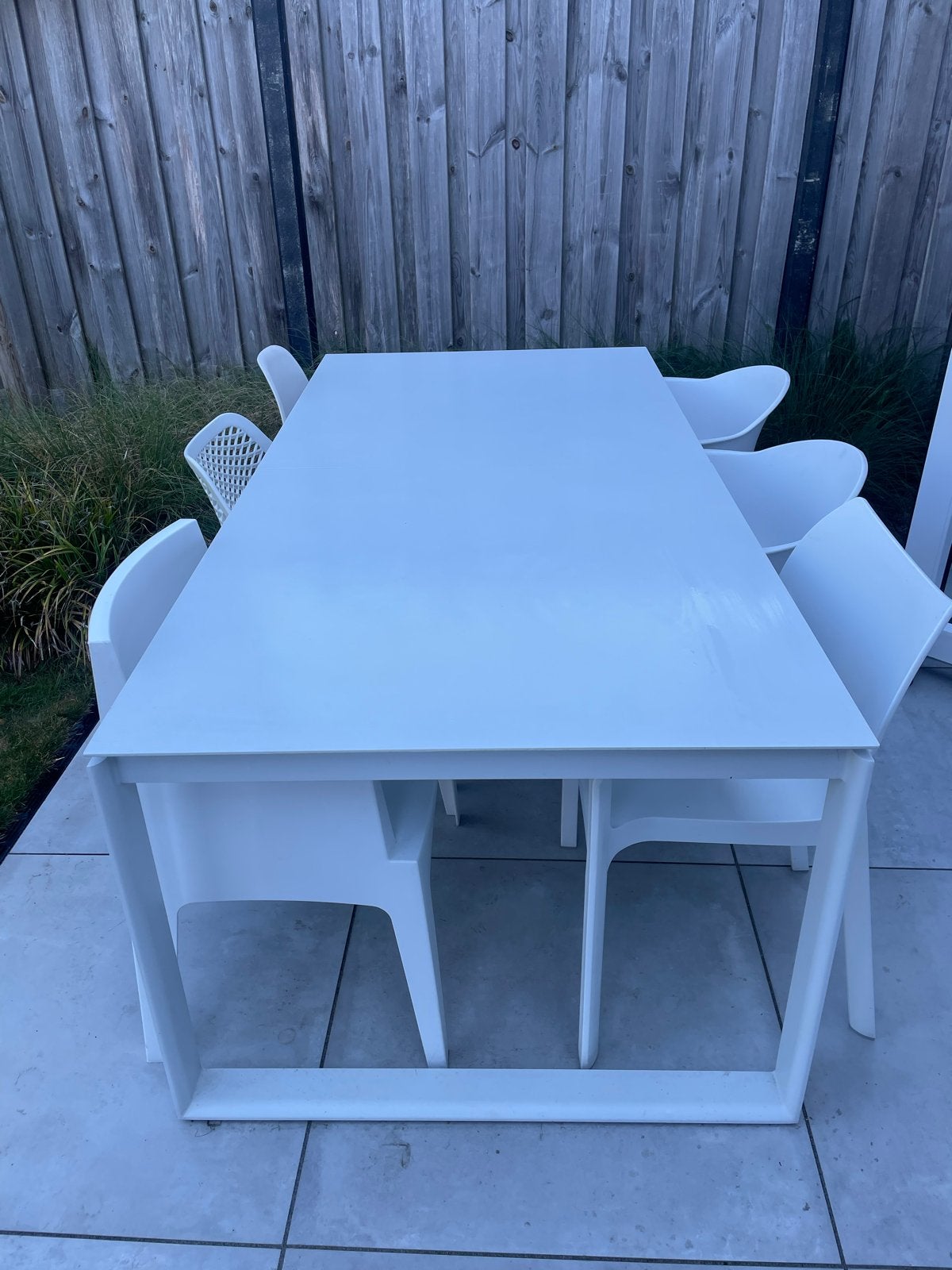 Uitschuifbare tuintafel met 7 stoelen, Tuin en Terras, Ophalen, Gebruikt, Rechthoekig, Metaal