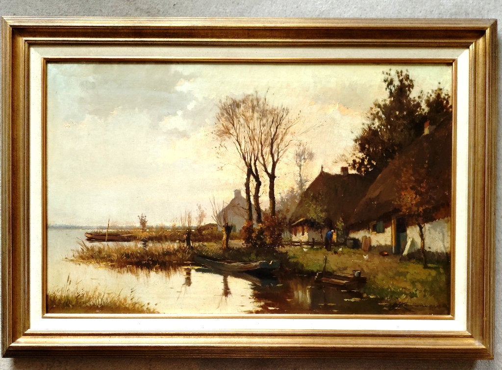 J H Kaemmerer 1894-1979 == boerin met kippen bij boerderij, Antiek en Kunst, Ophalen of Verzenden
