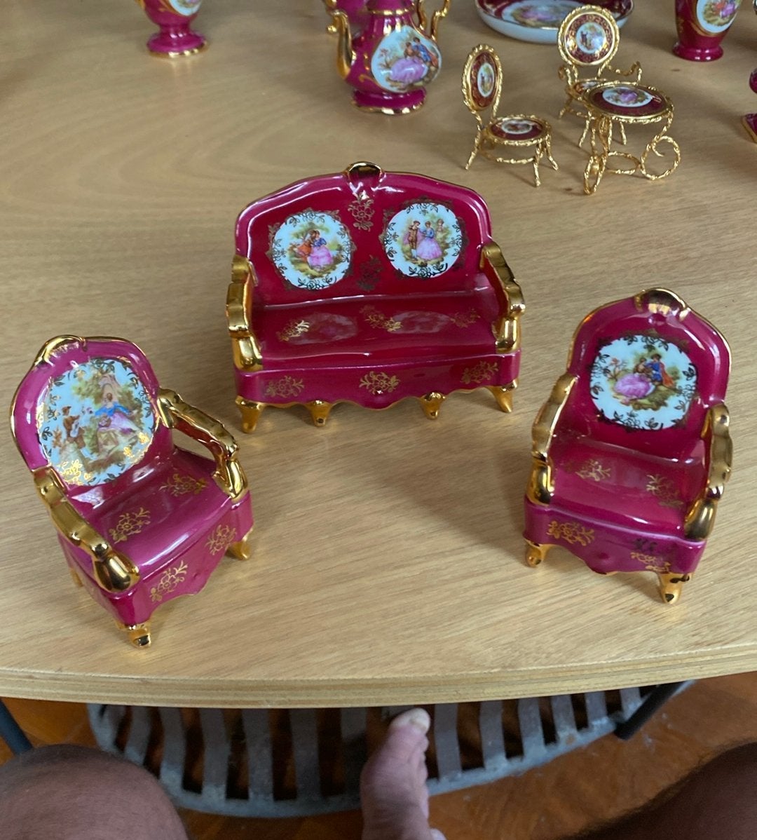 Vintage Limoges poselein bankje met fauteuils, 65 jaar oud, Ophalen of Verzenden
