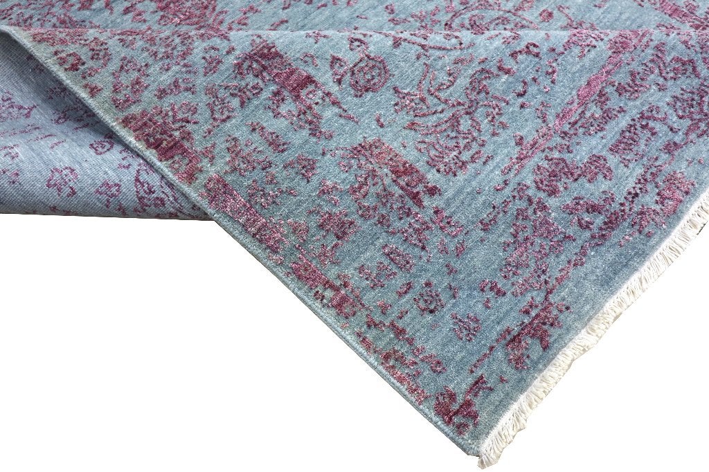 Mystic Lavender Handgeknoopt Wol Zijde Vloerkleed, Ophalen, Blauw, Rechthoekig, Klassiek, Modern, Bloemenreliëf