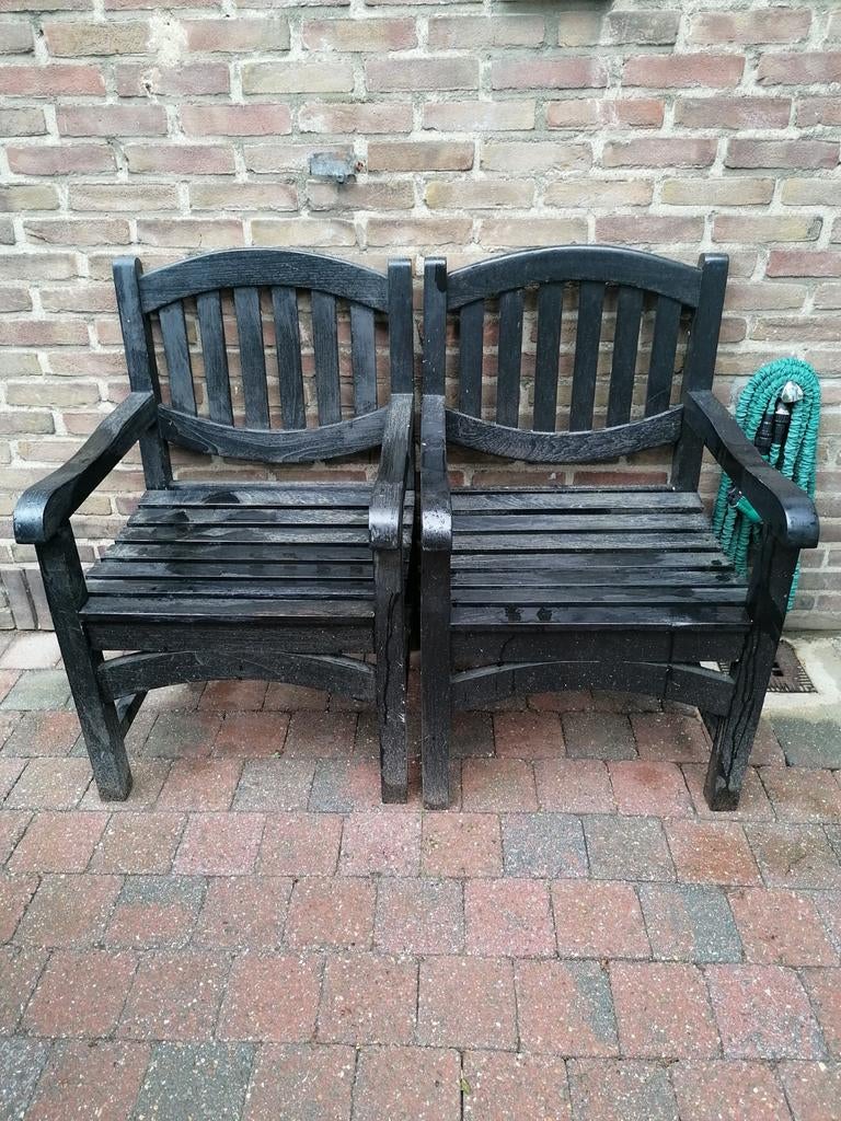 2 houten tuinstoelen, Ophalen, Gebruikt, Hout