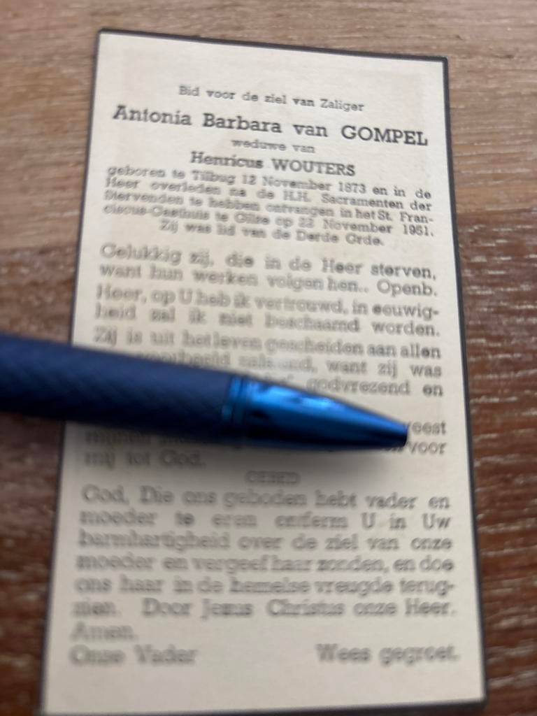 Gompel van Antonia 1873 Tilburg 1951 Gilze x Wouters, Ophalen of Verzenden, Bidprentje