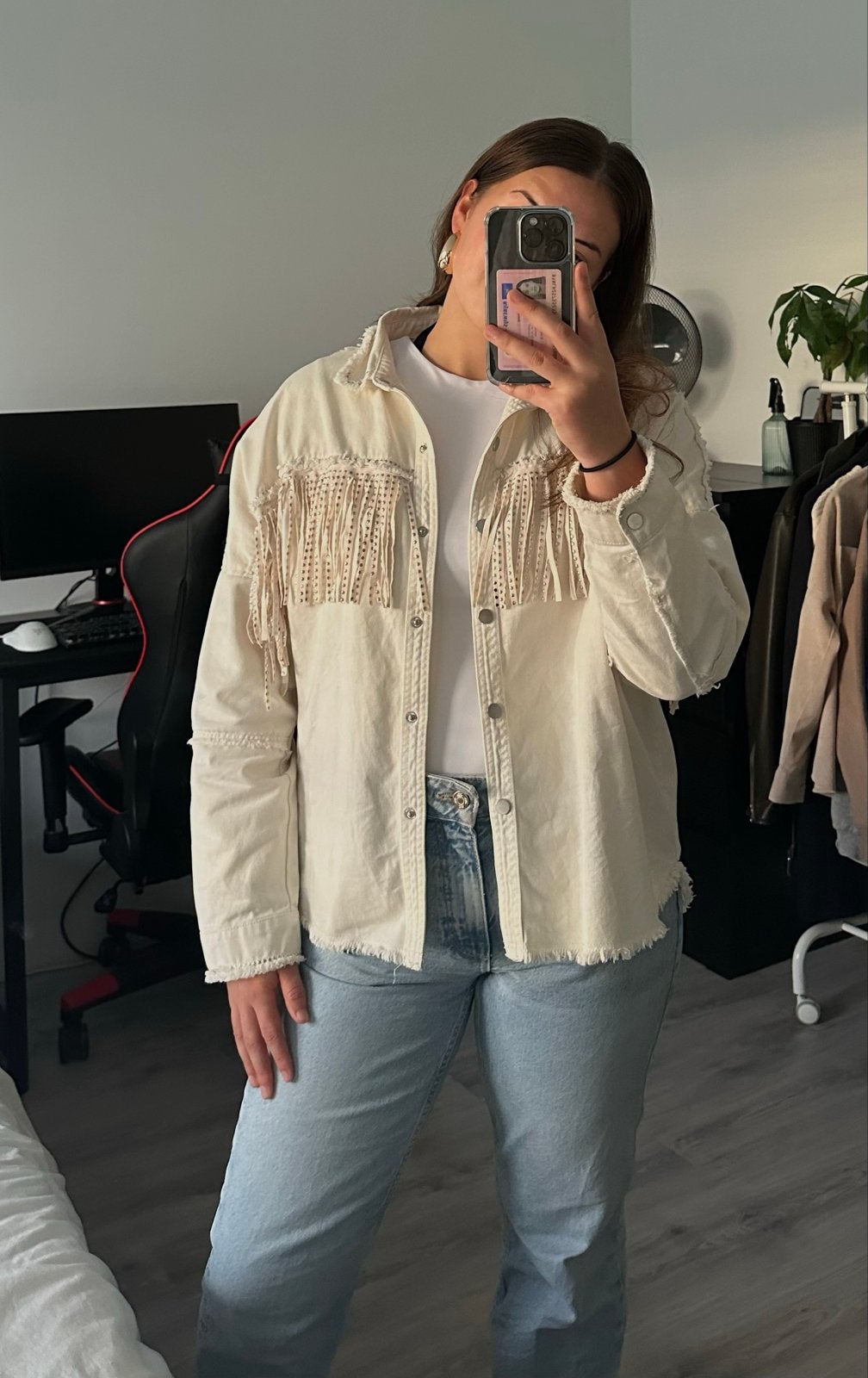 Zara spijkerjasje met franjes, Ophalen of Verzenden, Zo goed als nieuw, Maat 38/40 (M), Beige