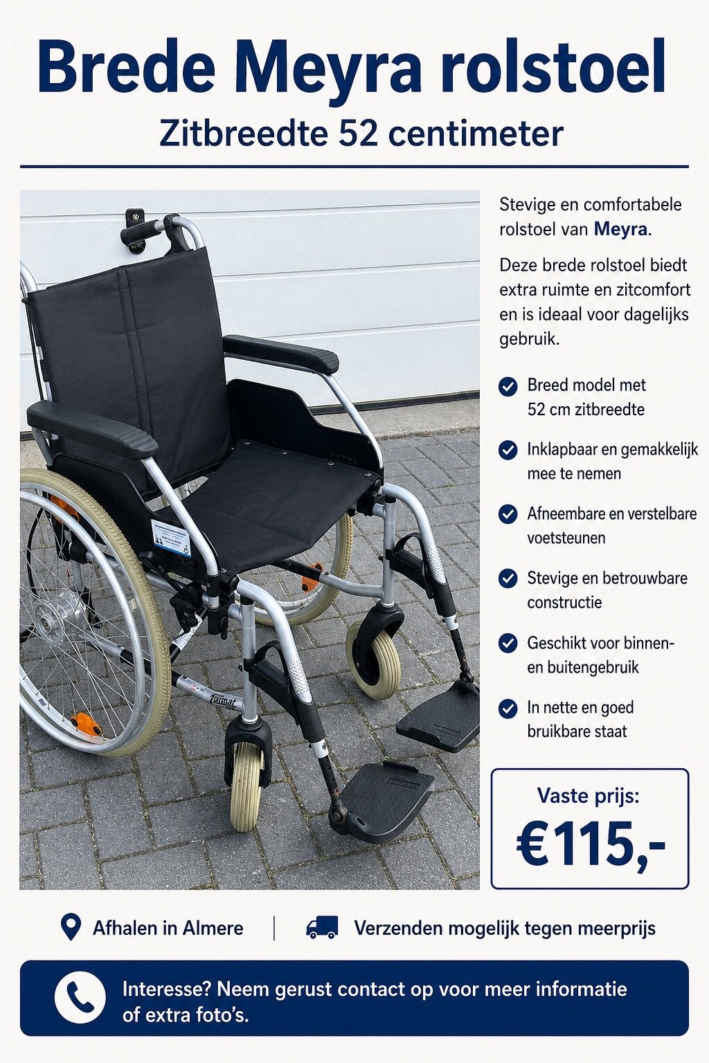 Brede inklapbare rolstoel van Meyra ., Diversen, Rolstoelen, Gebruikt, Meer info ☎️0️⃣6️⃣➖2️⃣0️⃣9️⃣0️⃣1️⃣0️⃣4️⃣0️⃣, Nederland