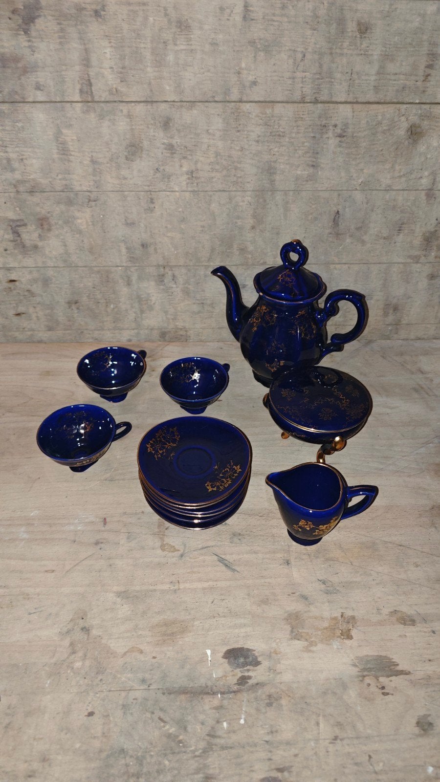 Vintage Alka Kunst Kobaltblauw Koffieservies 22K Goud, Ophalen of Verzenden