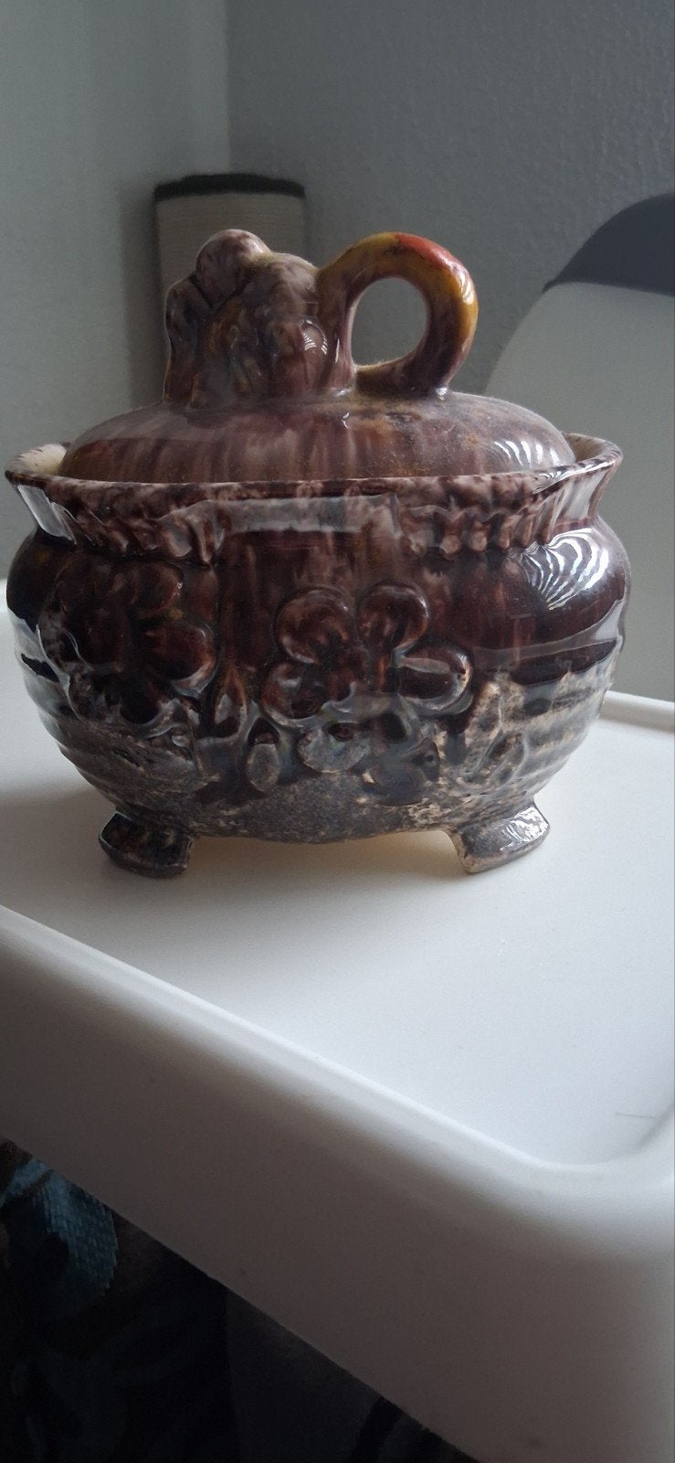 Vintage Bruine Keramische Pot met Deksel en Handvat, Ophalen of Verzenden