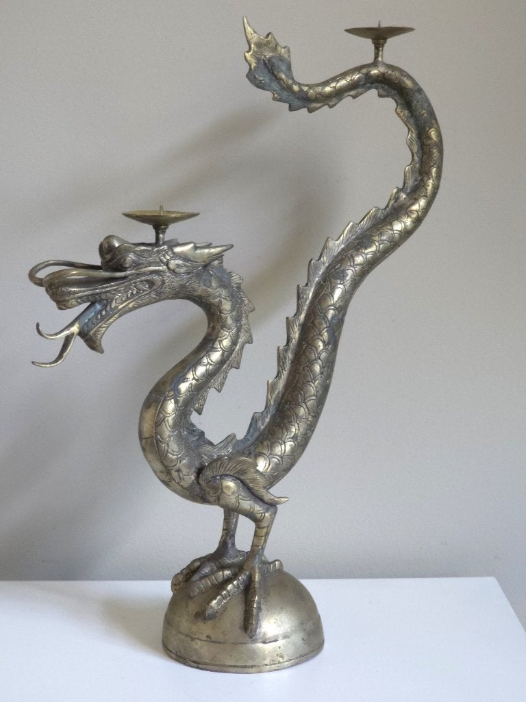 Antieke Koperen Drakenkandelaar – 46 cm Hoog – Brons, Antiek en Kunst, Ophalen of Verzenden, Brons