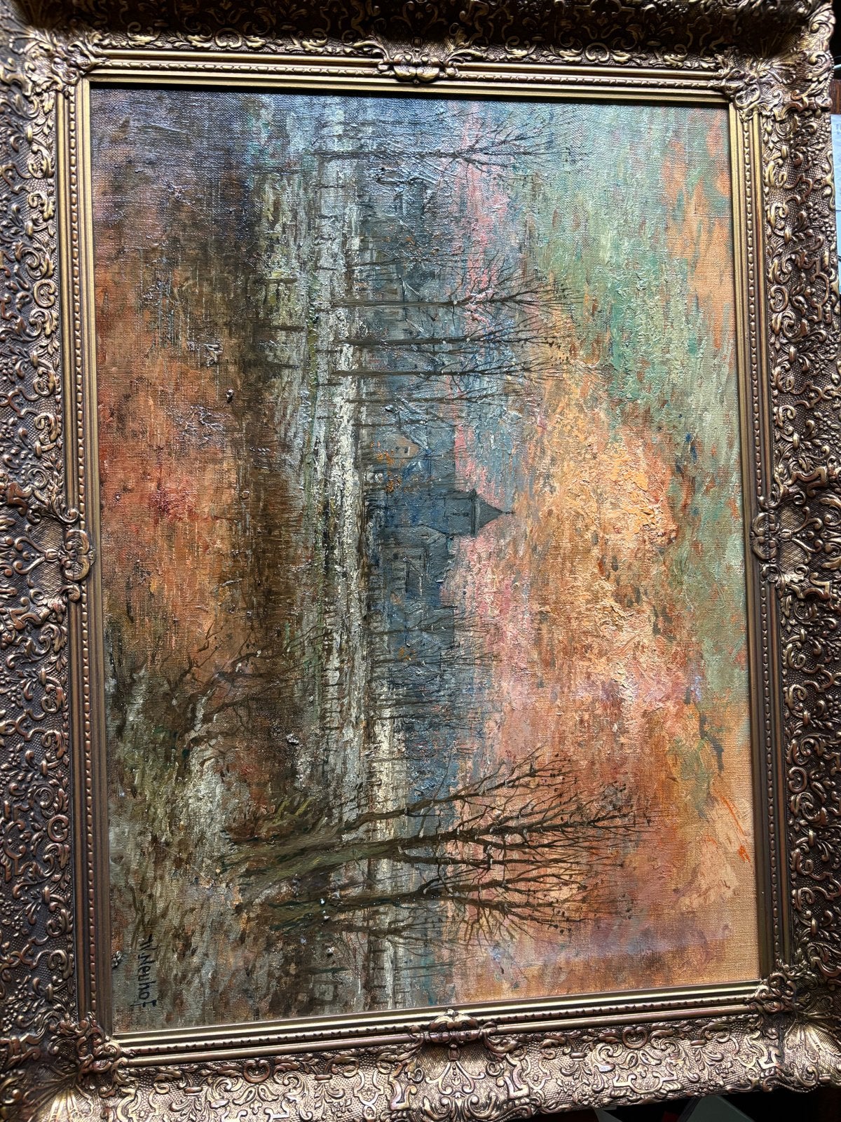 Schilderij Gezicht op Heugem gesigneerd J.W. Neuhaus, Ophalen, Doek, Gesigneerd, Landschap