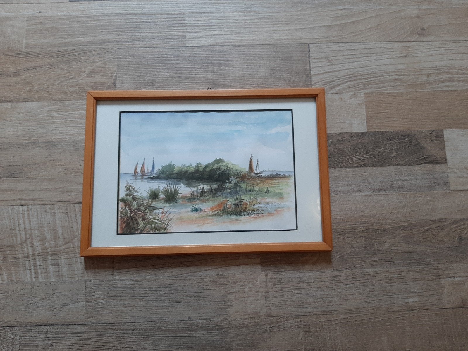 Ingelijste aquarel landschap waterkant makkum, Ophalen of Verzenden
